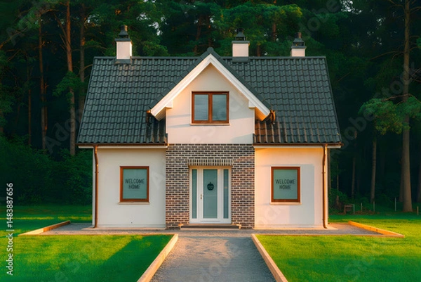Fototapeta An elegant English detached home in the United Kingdom, seen from the front.