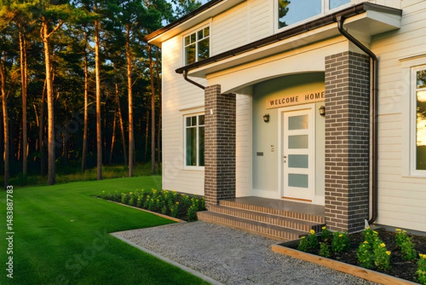 Fototapeta An elegant English detached home in the United Kingdom, seen from the front.