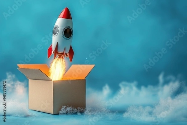 Fototapeta Rocket Launches From Cardboard Box Against a Vibrant Blue Backdrop With Clouds and Smoke, Showcasing Imaginative Creativity and High Quality Generative Ai Photography