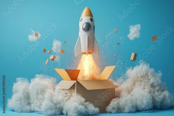 Fototapeta Rocket Launches From Cardboard Box Against a Vibrant Blue Backdrop With Clouds and Smoke, Showcasing Imaginative Creativity and High Quality Generative Ai Photography