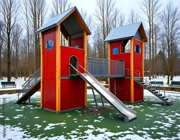 Fototapeta A contemporary wooden playground for young children in the winter. a wooden home with slides.