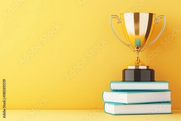 Obraz Golden Trophy Rests Upon Stack of Teal Books