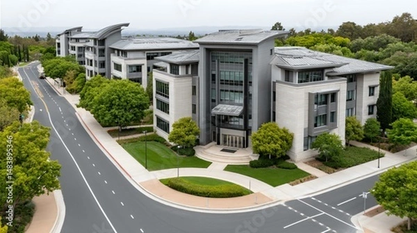 Obraz A corporate campus with interconnected green corridors, solar-powered walkways, autonomous electric shuttles, and bioswale drainage systems woven into landscaped parks illustrating sustainable
