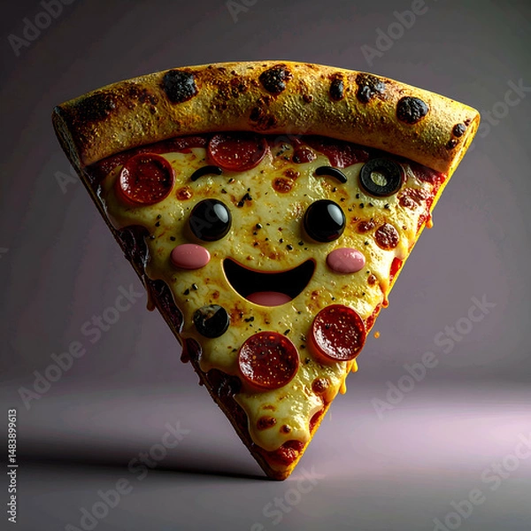 Fototapeta A cheerful cartoon pizza slice with a smiling face and vibrant toppings.