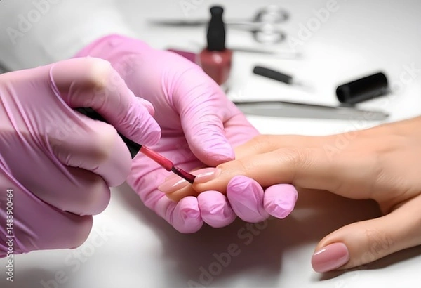Fototapeta Professional manicure in beauty salon with nail polish application. Close-up of nail technician applying clear nail polish. manicure process with professional tools. Hand care and beauty treatment 
