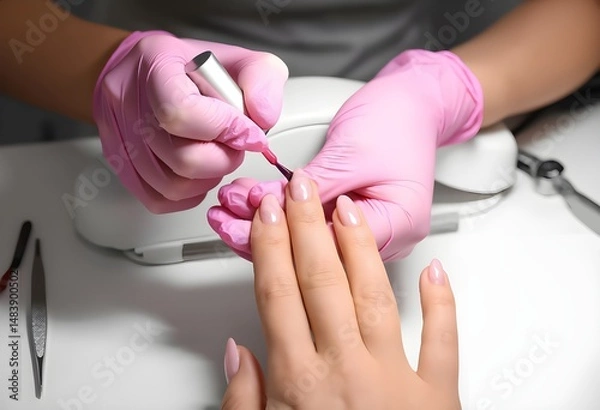 Fototapeta Professional manicure in beauty salon with nail polish application. Close-up of nail technician applying clear nail polish. manicure process with professional tools. Hand care and beauty treatment 