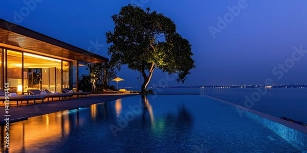 Obraz Luxury Oceanfront Villa with Infinity Pool at Night