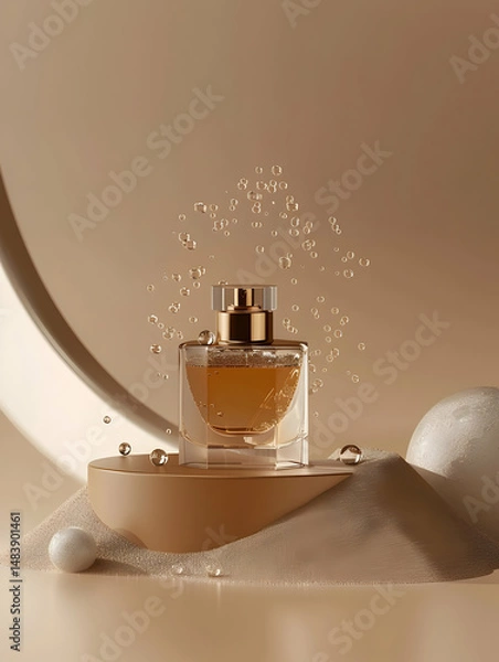 Fototapeta A stylish perfume bottle surrounded by bubbles and decorative elements on a soft surface.