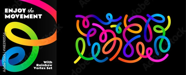 Obraz Abstract Color Line Shapes. 3D Gradient Waves Pattern on a Black Background. Vector Swirl Rainbow Ribbons. Fluid Graphics Element Design