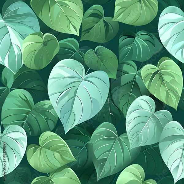 Fototapeta A vibrant pattern of various green leaves on a dark background.