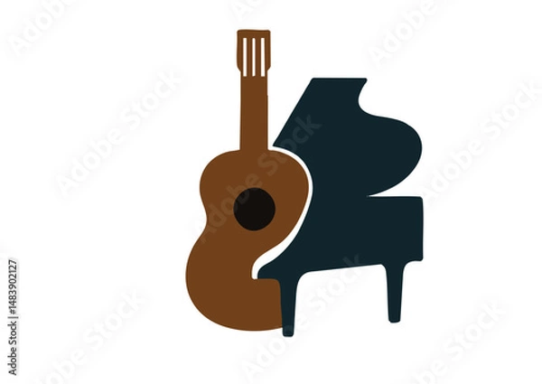 Fototapeta negative space logo design mountain with piano and guitar. creative typography monogram vector