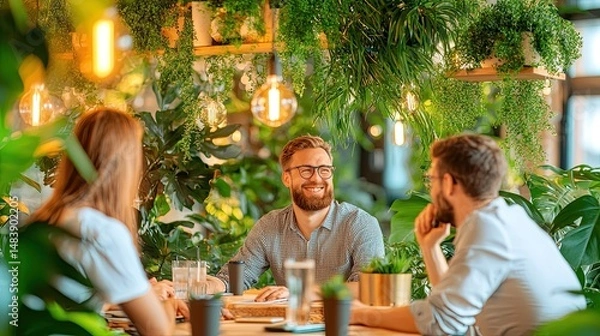 Obraz Colleagues Collaborate in a Lush Green Office Environment
