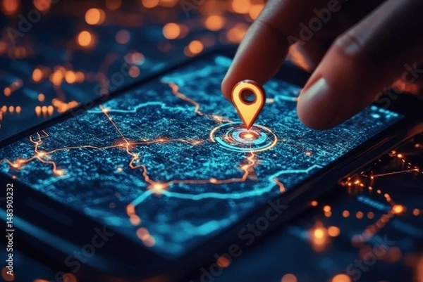 Obraz Smartphone Displaying Interactive 3D Map With GPS and Navigation Pins for Efficient Delivery Tracking and Transportation Management