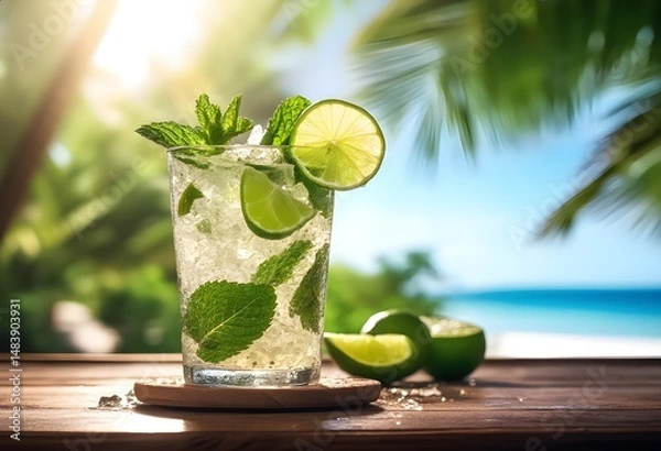 Fototapeta Refreshing mojito cocktail with lime and mint on tropical beach background. Cold summer drink. Summer beach cocktail with lime and mint. Alcoholic drink. Apirituous liquors. Alcoholic beverages. Bar