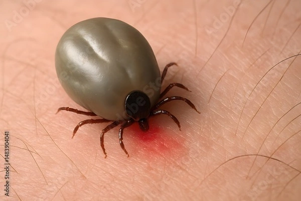 Fototapeta Close-up of engorged tick embedded in human skin with red swollen inflammation. Tick bite on human skin, potential disease carrier. Tick parasite burrowed into skin. Lyme disease. 