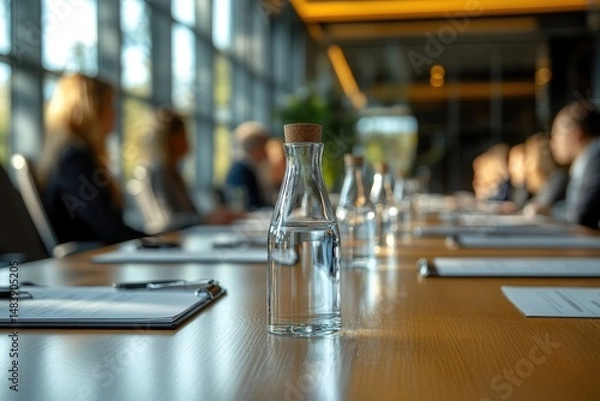 Fototapeta High quality Board Meeting With Blurred Participants Discussing Corporate Strategies in a Modern Office Space