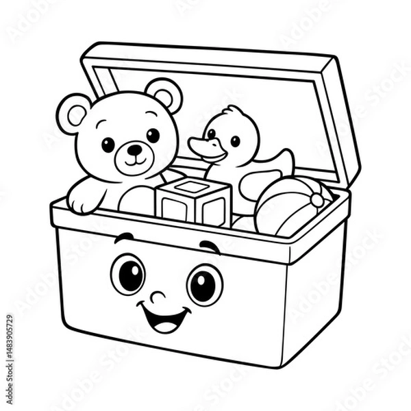 Obraz Cute cartoon toy box with smiling face full of toys including teddy bear, duck, ball, and blocks in black and white line art