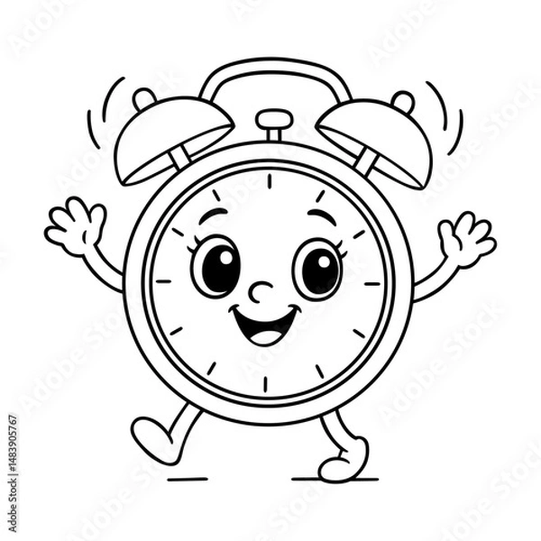 Obraz Cute cartoon alarm clock character with smiling face and waving hands in black and white line art for kids