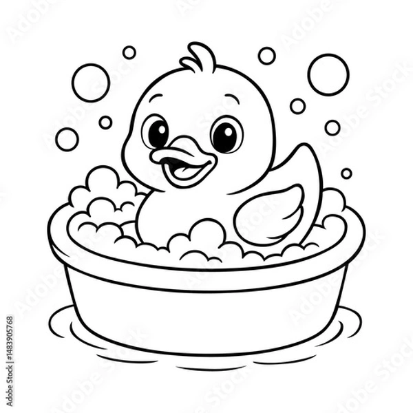 Obraz Cute cartoon rubber duck taking a bubbly bath in a tub with happy expression in black and white line art for kids