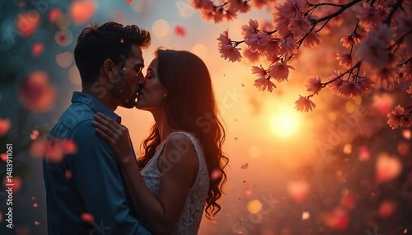 Obraz Romantic scene of couple kissing under cherry blossom tree with hearts. Sunset light creates magical atmosphere. True love concept for dating apps, wedding invitations, Valentine Day, anniversary,