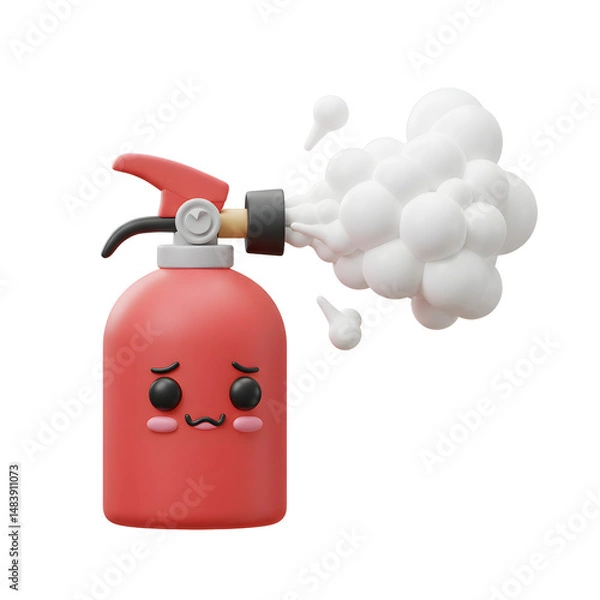 Fototapeta A red fire extinguisher with a sad face is emitting a white cloud of extinguishing agent, likely for putting out fires or practicing safety procedures.