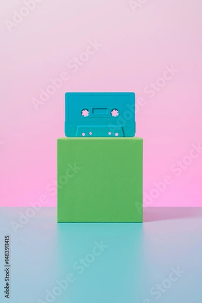 Obraz Music cassette tape template concept pink blue green with copy space