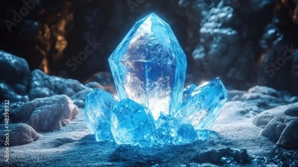 Fototapeta Radiant blue crystal cluster in a cave