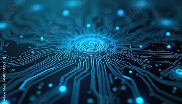 Fototapeta Futuristic circuit board with blue glowing lines on dark background. High-tech digital environment visual effect. Suitable for data transfer, tech industry. Modern design, innovation.