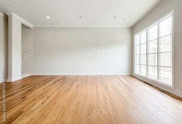Obraz A empty room with hardwood floors and white walls.