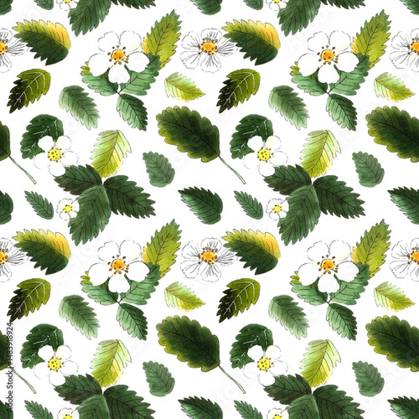 Obraz Hand Painted Strawberry Leaves and Flowers Pattern