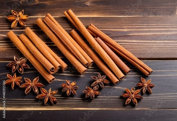 Fototapeta A bunch of cinnamon sticks and star anise on a wooden surface.