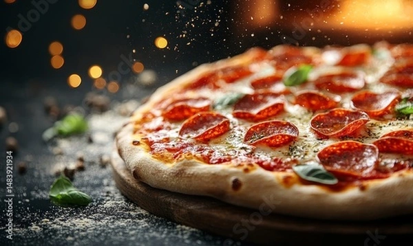 Fototapeta fresh pizza pepperoni margarita our of the oven with flying ingredients and spices hot ready to serve and eat food commercial advertisement menu banner with copy space
