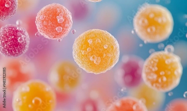 Fototapeta group of floating different kinds of microscopic bacteria or microbes for medical health tests or exams lab results or medicine scientific research and biology and microbiology concepts
