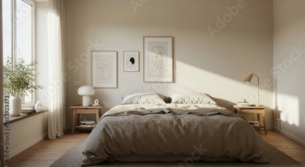 Fototapeta Serene Bedroom Interior Design - Minimalist bedroom with natural light, linen bedding, and neutral tones. Creating a calm and peaceful atmosphere