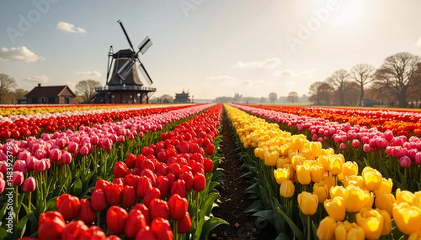 Obraz Colorful tulip fields with windmill in Dutch landscape