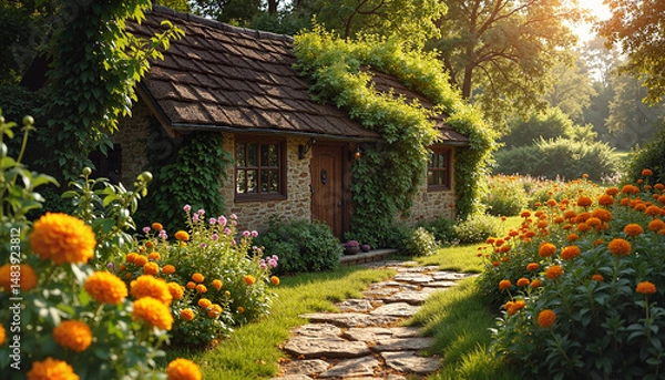 Obraz Charming cottage with vibrant flower garden at sunset