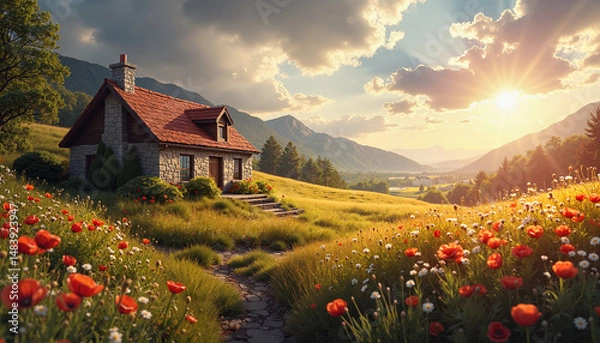 Obraz Stone cottage in flower-filled mountain meadow at sunset