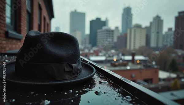 Obraz Black fedora hat on wet balcony overlooking city skyline