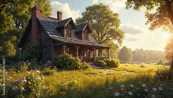 Obraz Rustic log cabin in sunlit meadow with wildflowers