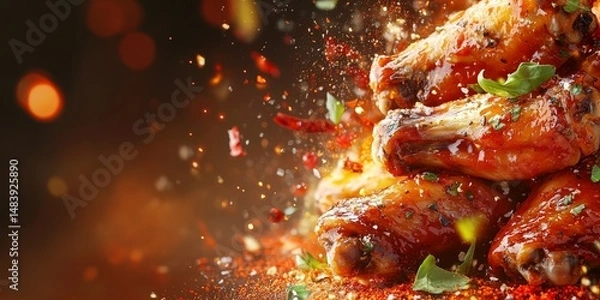 Fototapeta fresh chicken boned wings in buffalo barbeque, or spicy sauce with flying ingredients and spices hot ready to serve and eat food commercial advertisement menu banner with copy
