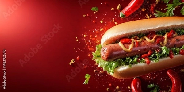 Fototapeta fresh hotdog or sausage sandwich with flying ingredients and spices hot ready to serve and eat food commercial advertisement menu banner with copy space
