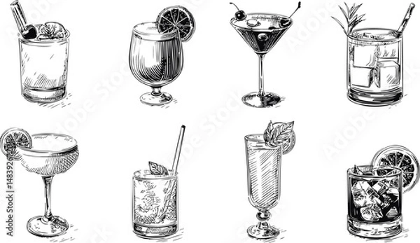 Fototapeta Black and white illustration of various cocktails in vintage. Vector illustration in sketch style