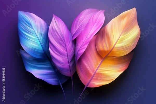 Fototapeta Tropical palm leaves in vibrant neon gradient, holographic colors. minimal art concept.	Generative AI