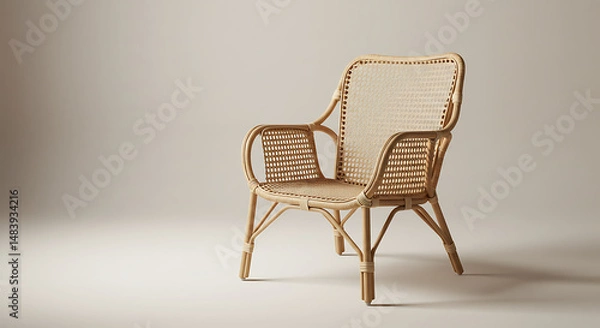 Fototapeta A single rattan chair on light background, minimalist aesthetic