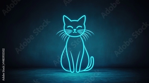 Fototapeta A glowing blue neon outline of a cat sits on a dark background, creating a modern and playful atmosphere.