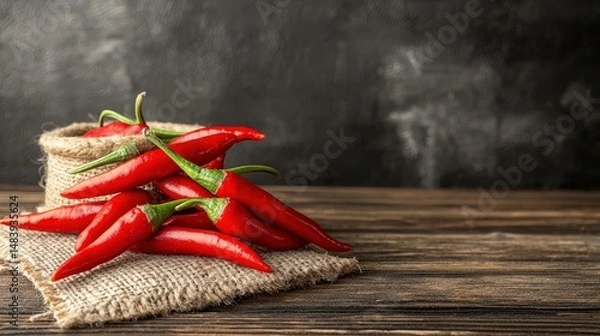 Fototapeta A small pile of fresh red chili peppers on a burlap cloth with a rustic wooden table and dark background.