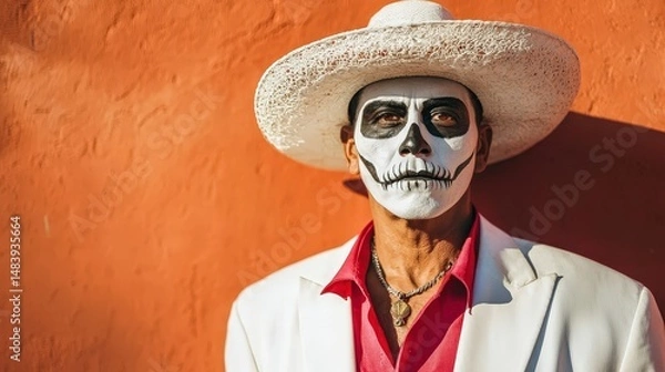 Fototapeta A man in a white suit and hat with Day of the Dead face paint stands against an orange wall.
