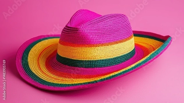 Fototapeta A colorful woven sombrero hat with pink, yellow, and green stripes sits on a vibrant pink surface.
