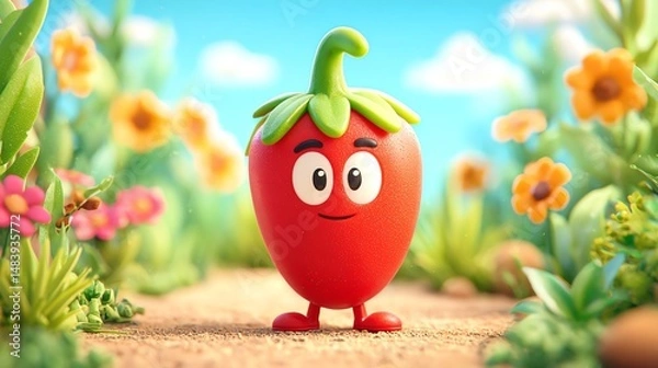 Fototapeta playful cartoon chili pepper character with bold expression, standing in a spicy garden under a warm sky, vibrant 3D illustration