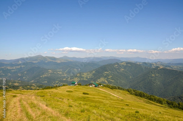 Fototapeta Rural house at the Beautiful mountain meadow beneath a sunny sky, surrounded by green hills and valleys, evoking tranquility. Carpathian Mountains, Ukraine